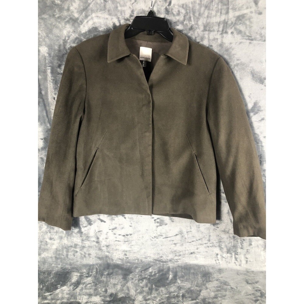 Anne Klein Neiman Marcus Suede Olive Green Women’s Moto Jacket Large Snap Front - Picture 1 of 15